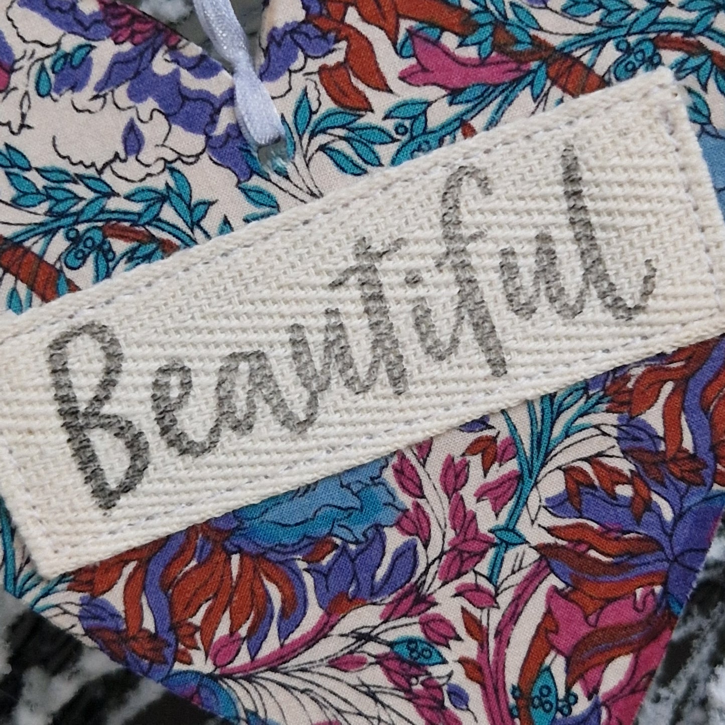 Wood and vintage Liberty blue leafy fabric hanging decoration with beautiful sentiment
