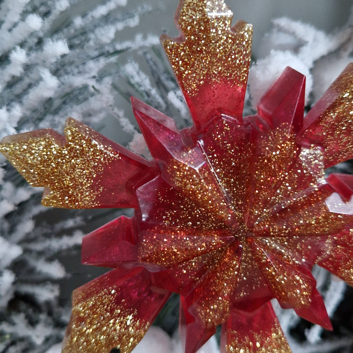 Resin Faceted Snowflake Christmas Decoration - Red and Gold Sparkle