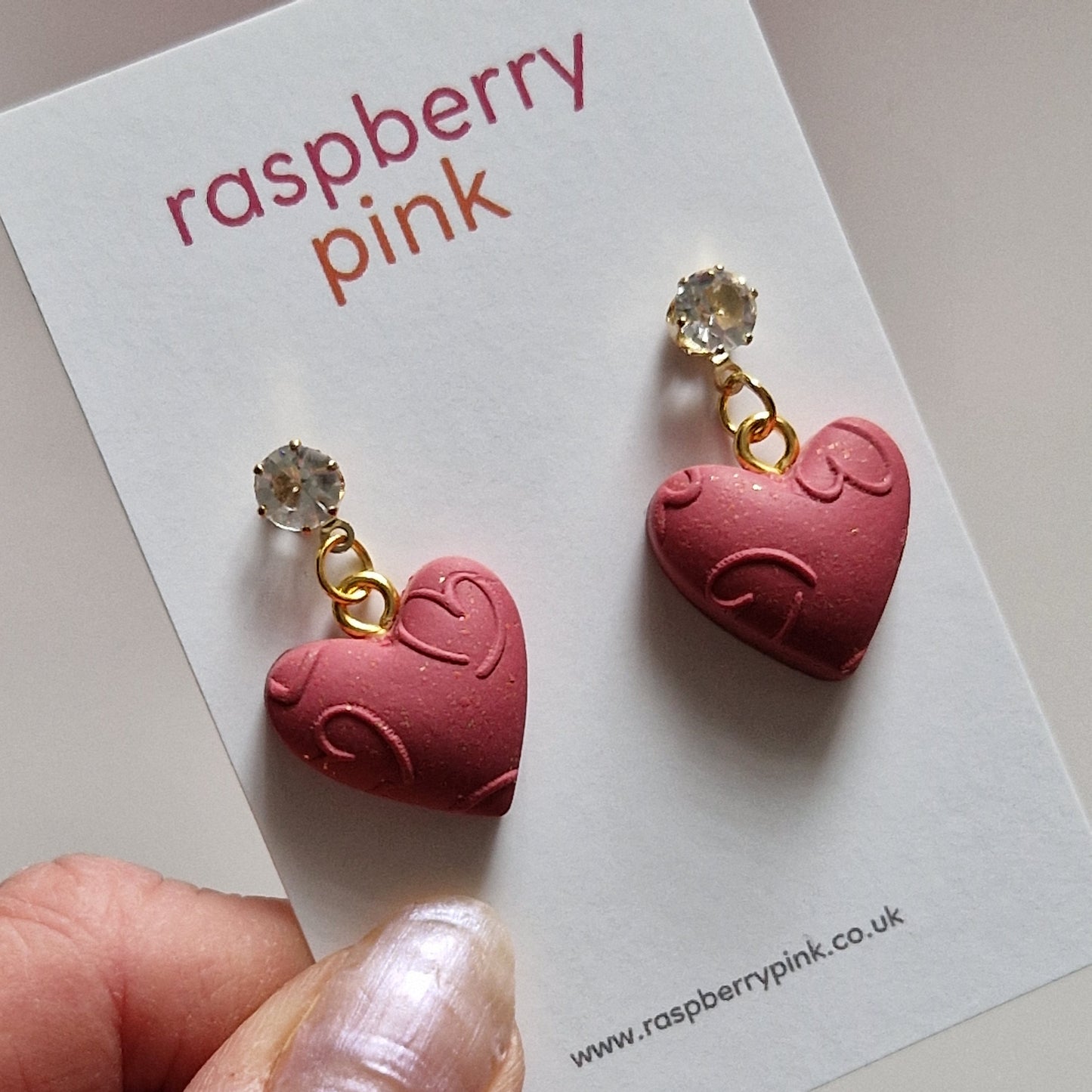 Clay Puffy Heart Earrings - Embossed Deep Red