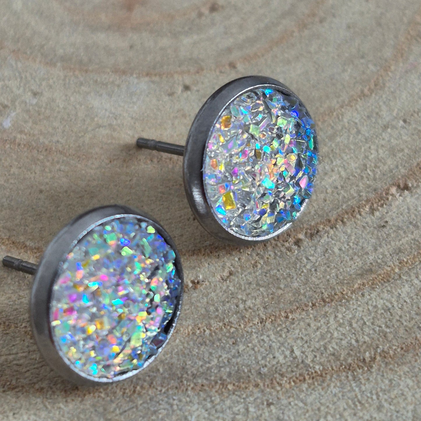 Glitter Resin 10mm Stud Earrings - Clear AB