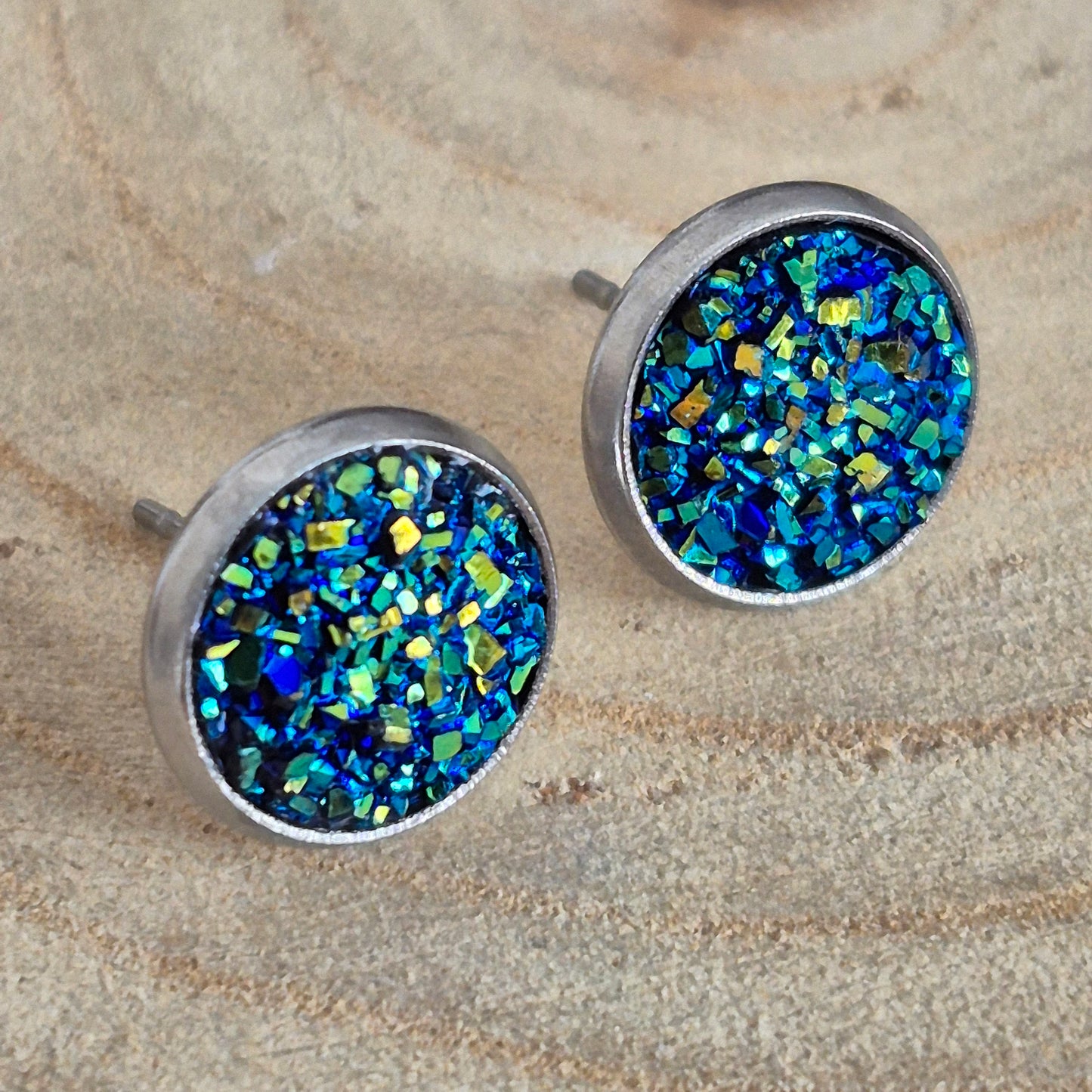 Glitter Resin 10mm Stud Earrings - Blue Green