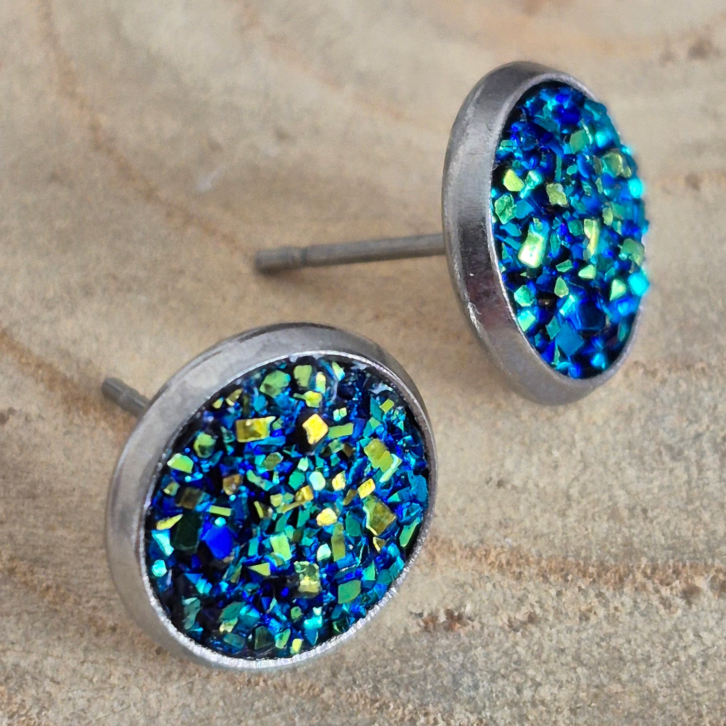 Glitter Resin 10mm Stud Earrings - Blue Green