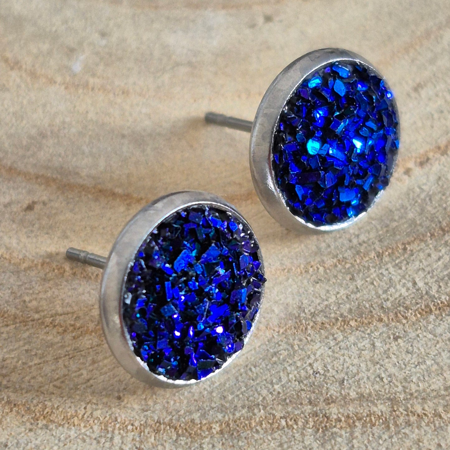 Glitter Resin 10mm Stud Earrings - Deep Blue