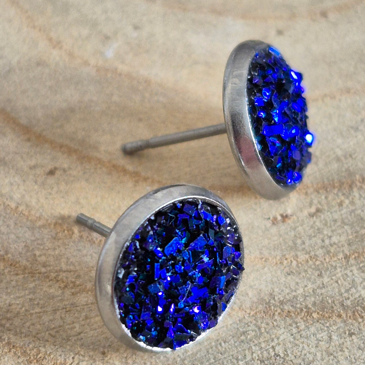 Glitter Resin 10mm Stud Earrings - Deep Blue