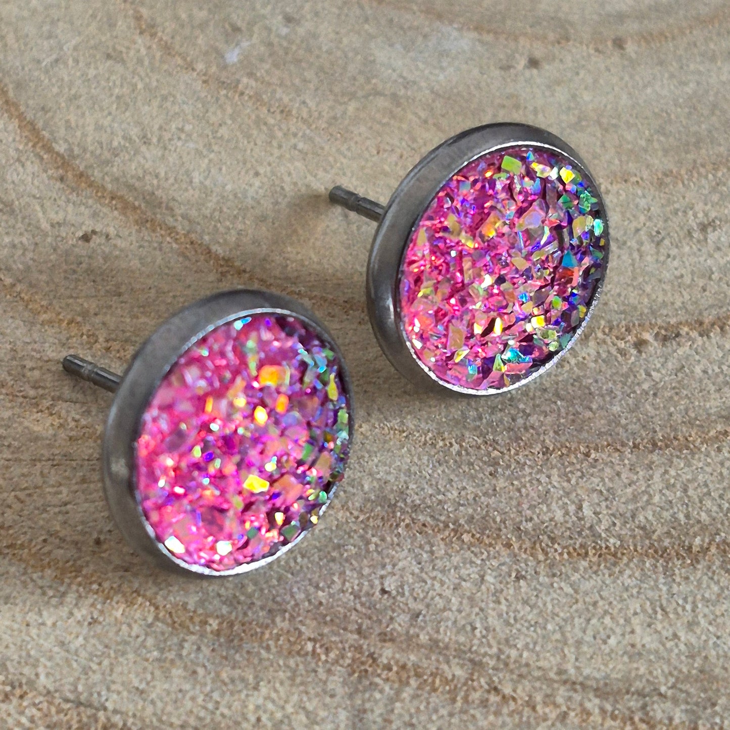 Glitter Resin 10mm Stud Earrings - Pink AB