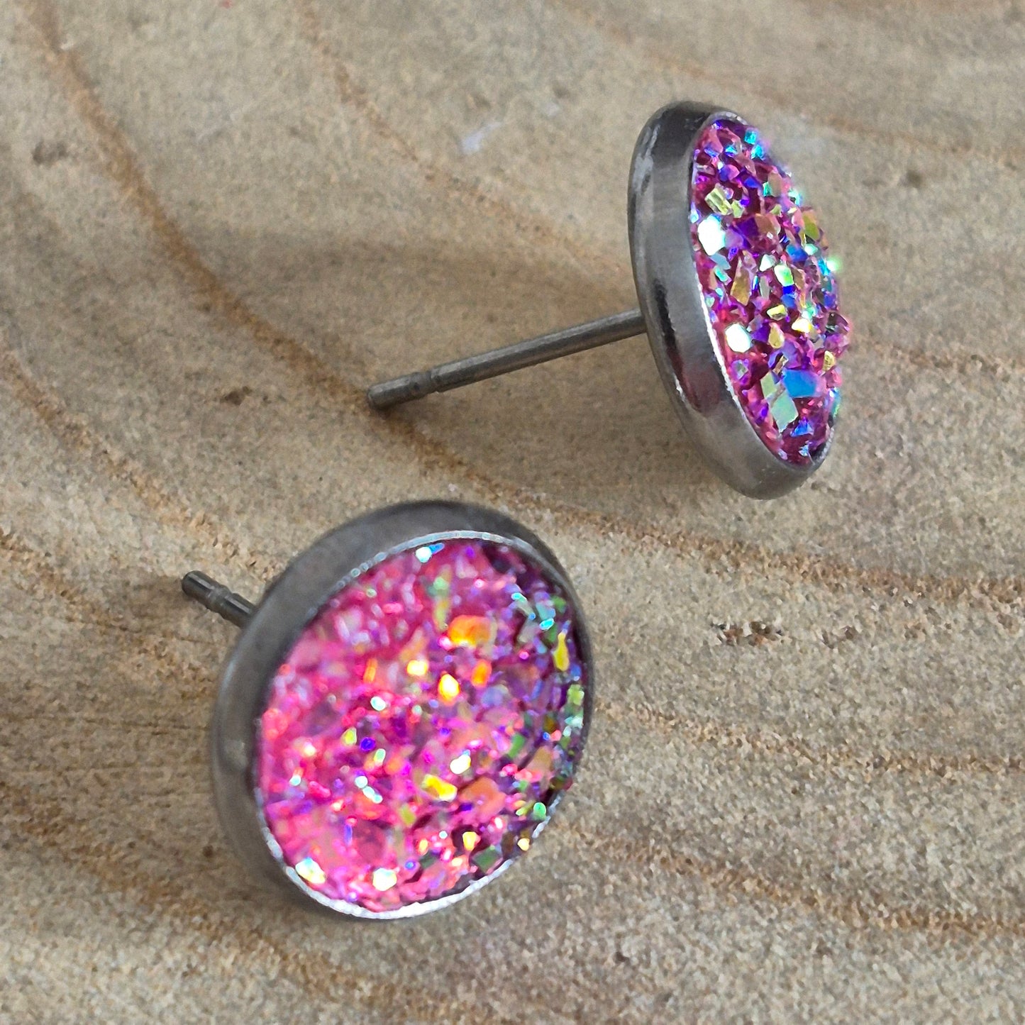 Glitter Resin 10mm Stud Earrings - Pink AB