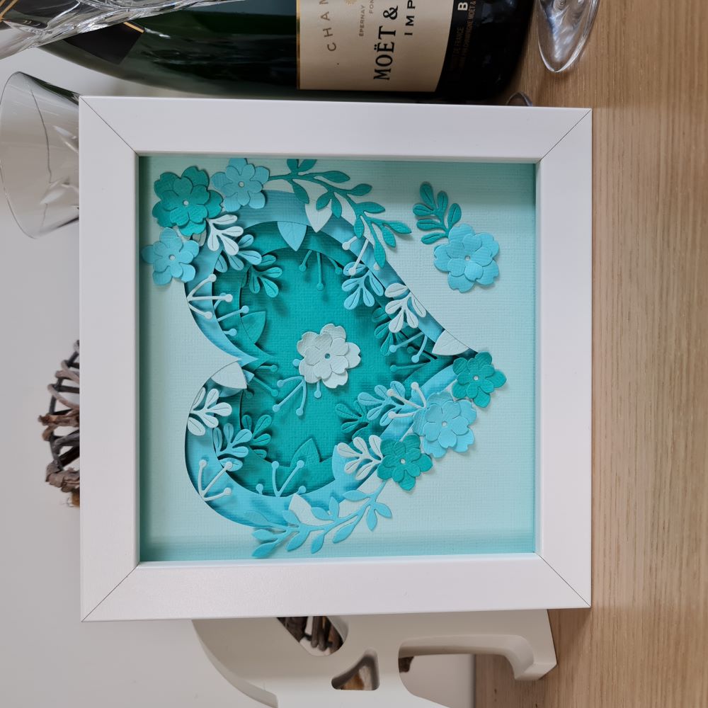 3D floral wall art - Aqua heart and flowers design in a square white frame