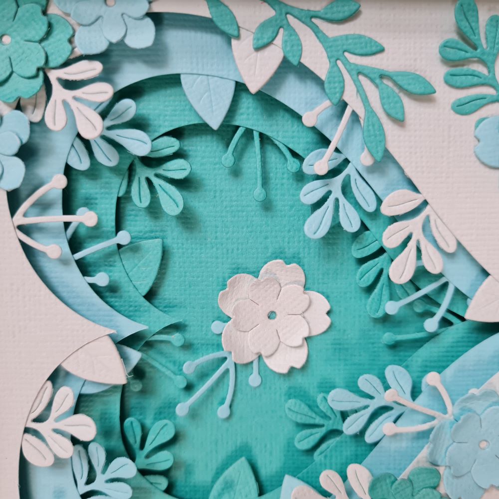 3D floral wall art - Aqua heart and flowers design in a square white frame