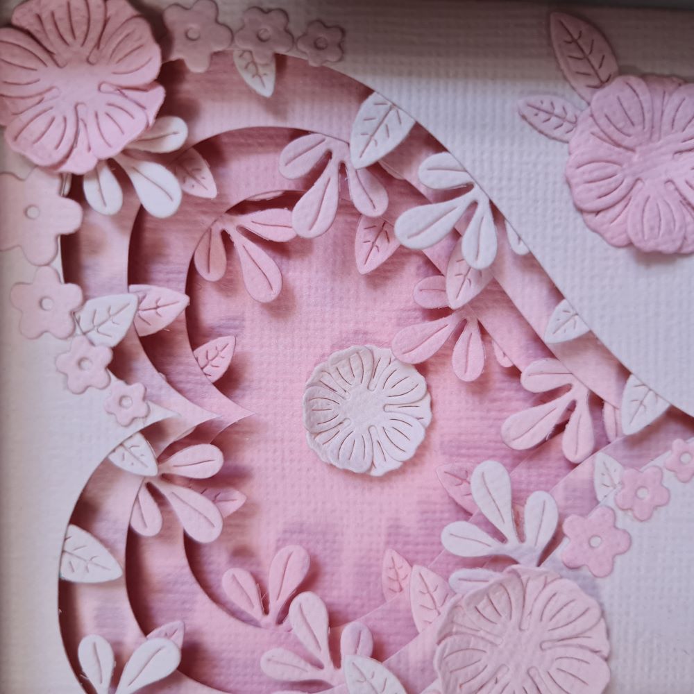 3D floral wall art - Pink heart and flowers design in a square white frame