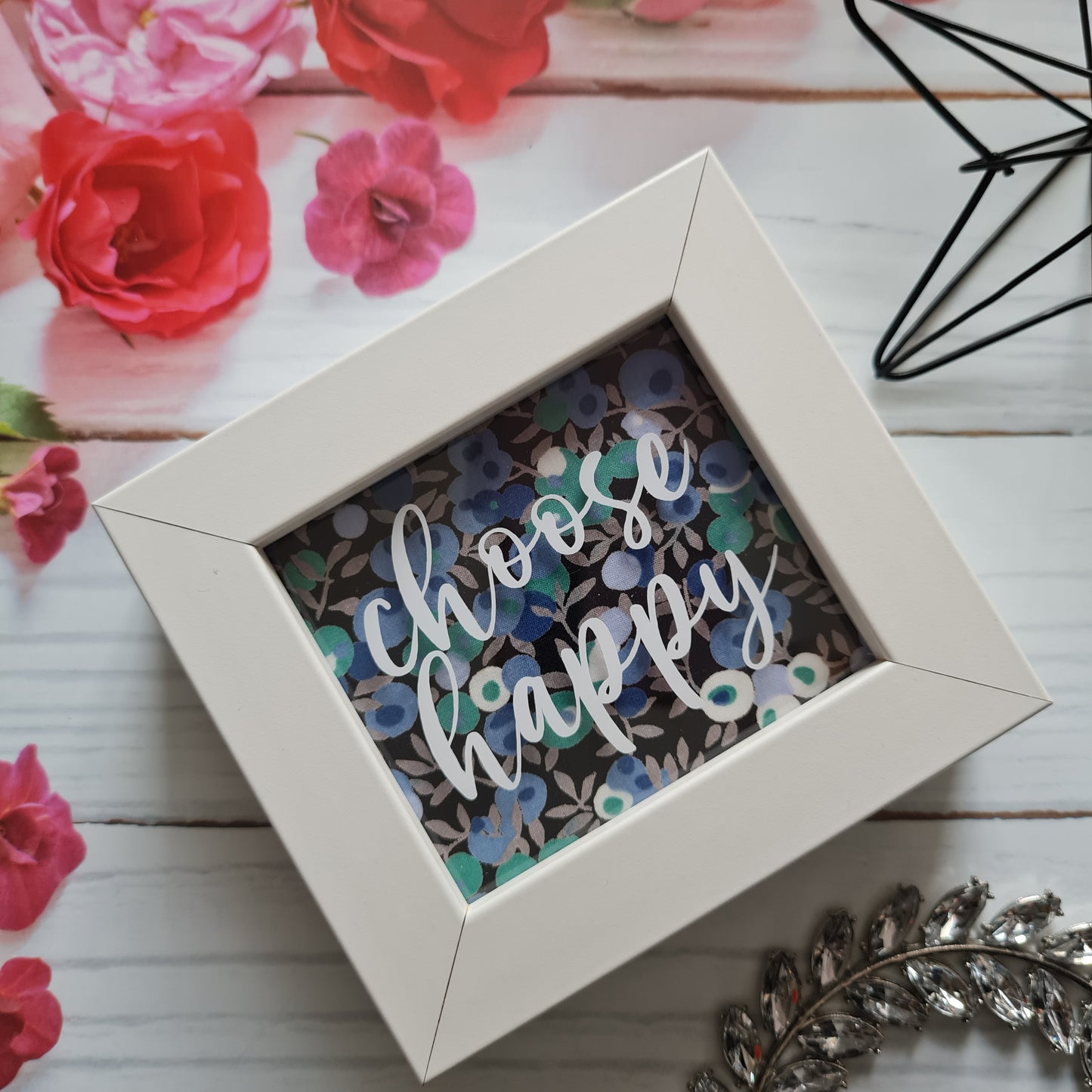 Vintage Liberty print mini shadow box with choose happy quote