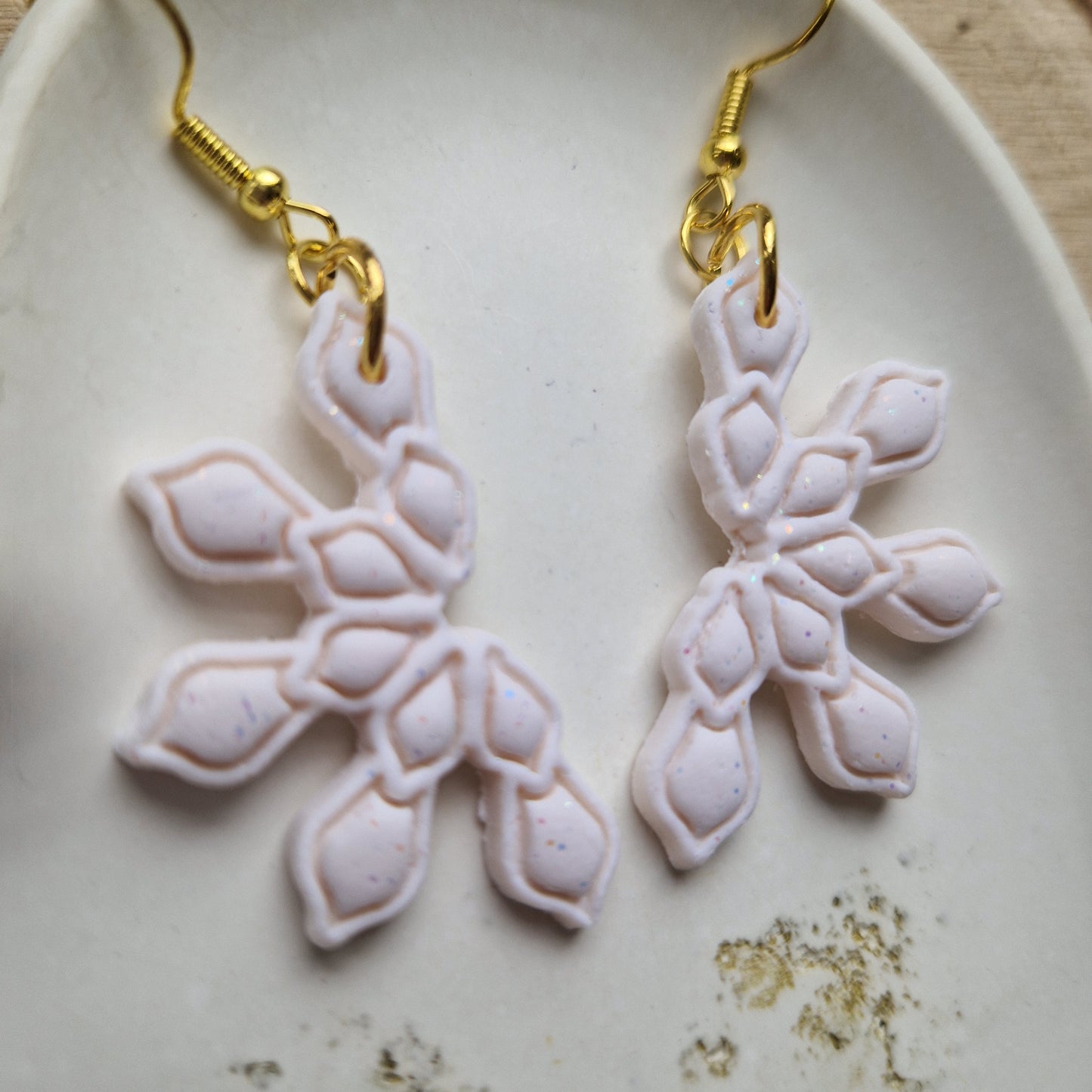 Clay Snowflake Earrings - Diamond in White Glitter
