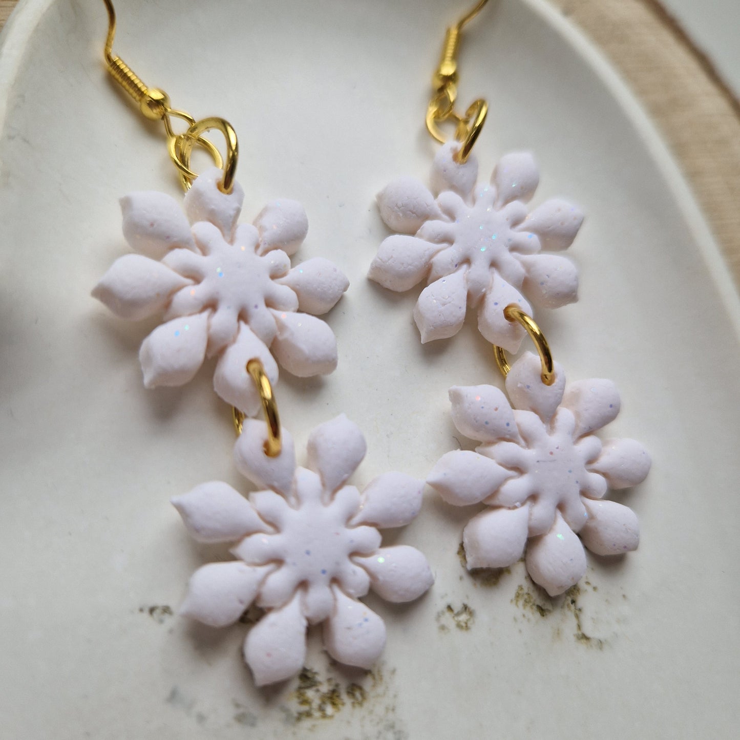Clay Double Snowflake Earrings - Elsa in White Glitter