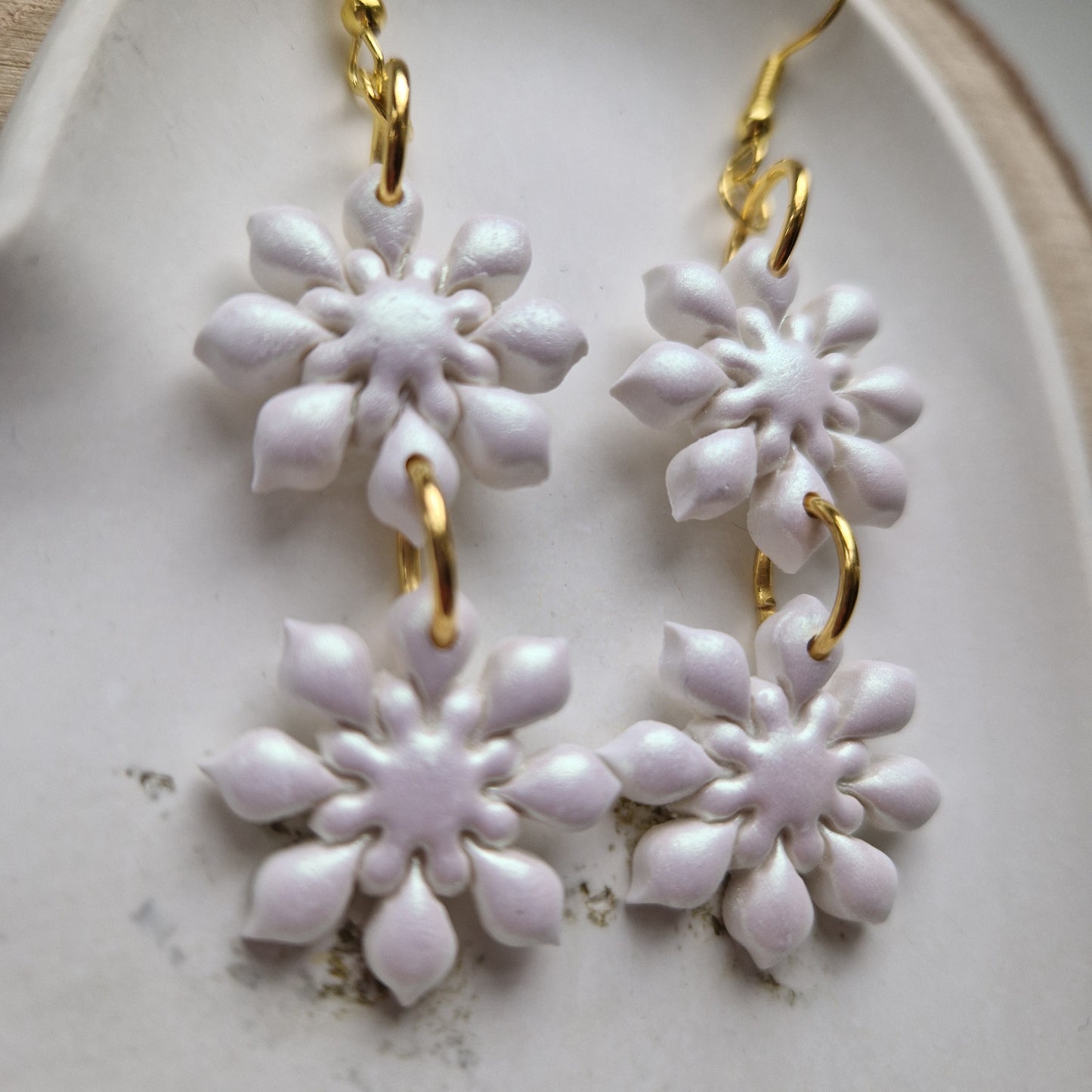 Clay Double Snowflake Earrings - Elsa in Pearl Green