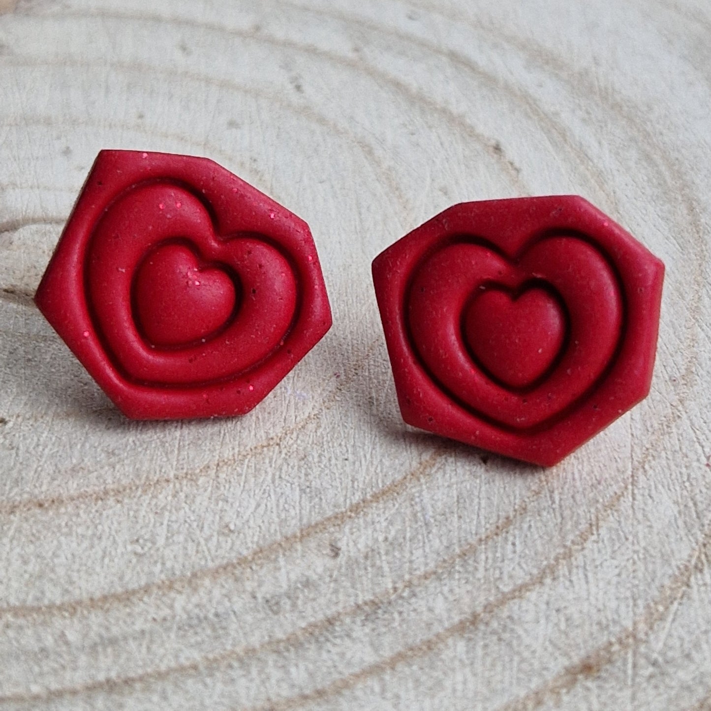 Clay Geo Heart Stud Earrings - Red Glitter