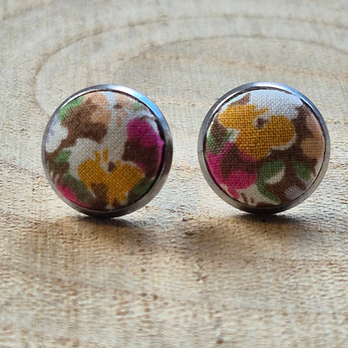 Vintage Liberty 10mm Stud Earrings - Yellow Pink Ditsy Floral