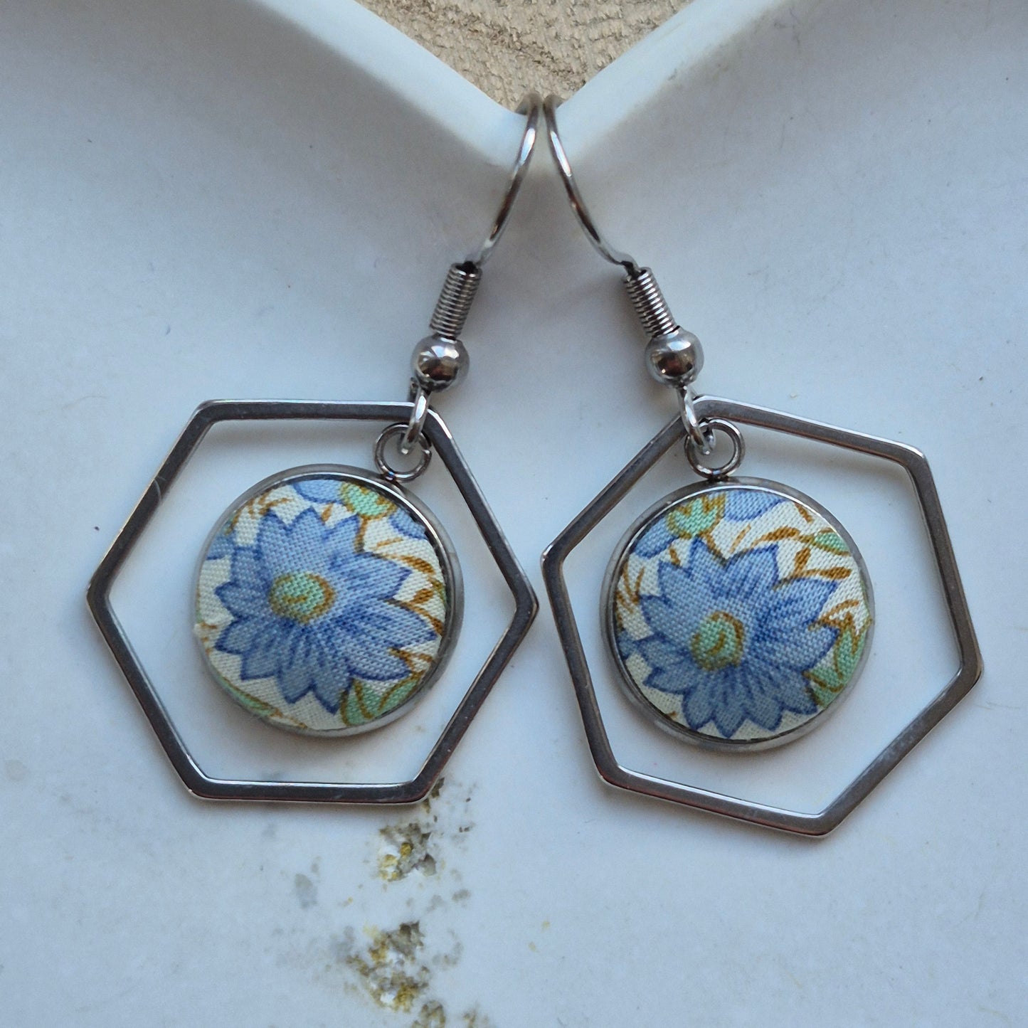 Vintage Liberty 12mm Dangle Hexagon Earrings - Blue Flower
