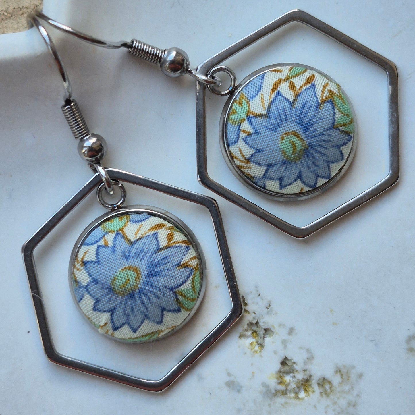 Vintage Liberty 12mm Dangle Hexagon Earrings - Blue Flower