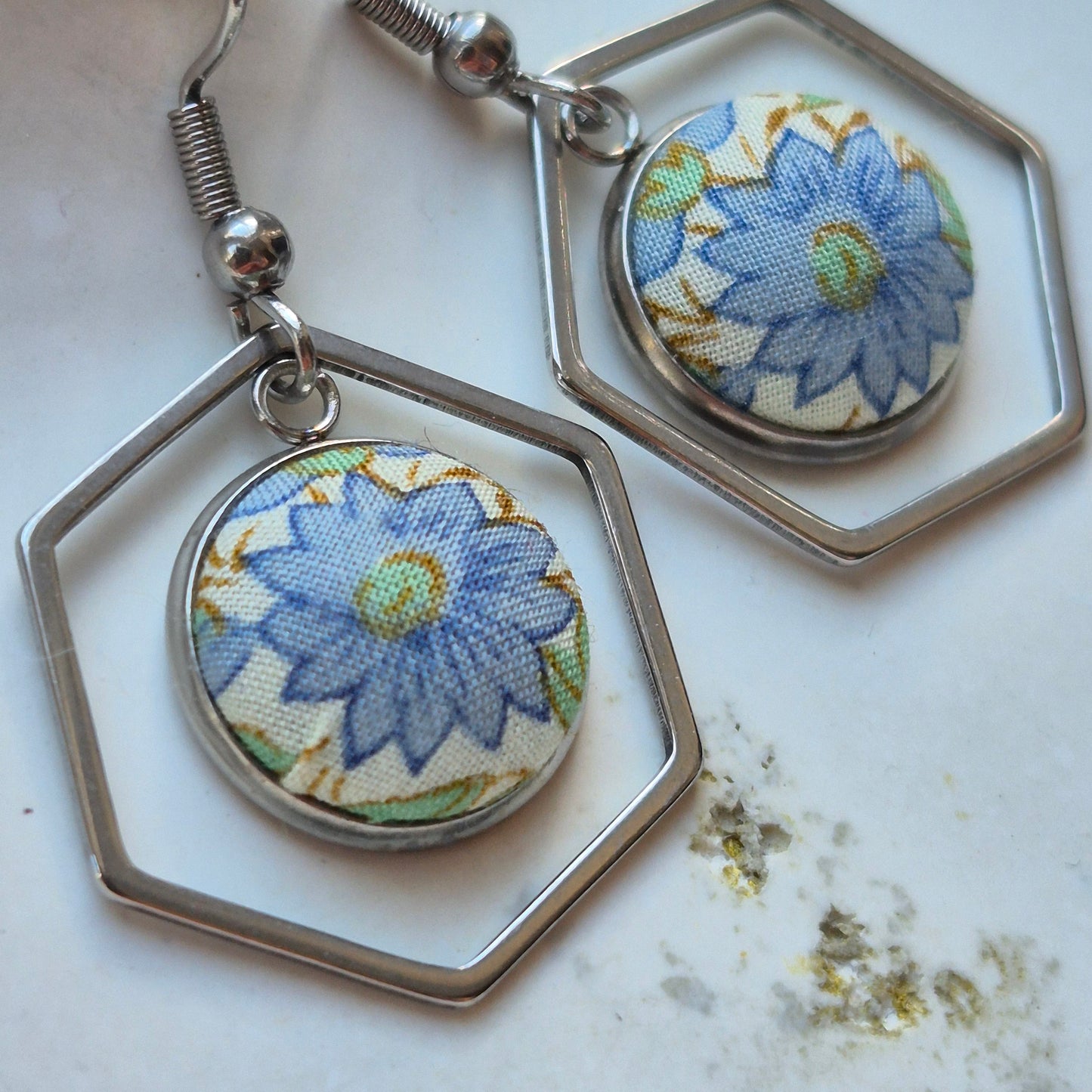 Vintage Liberty 12mm Dangle Hexagon Earrings - Blue Flower