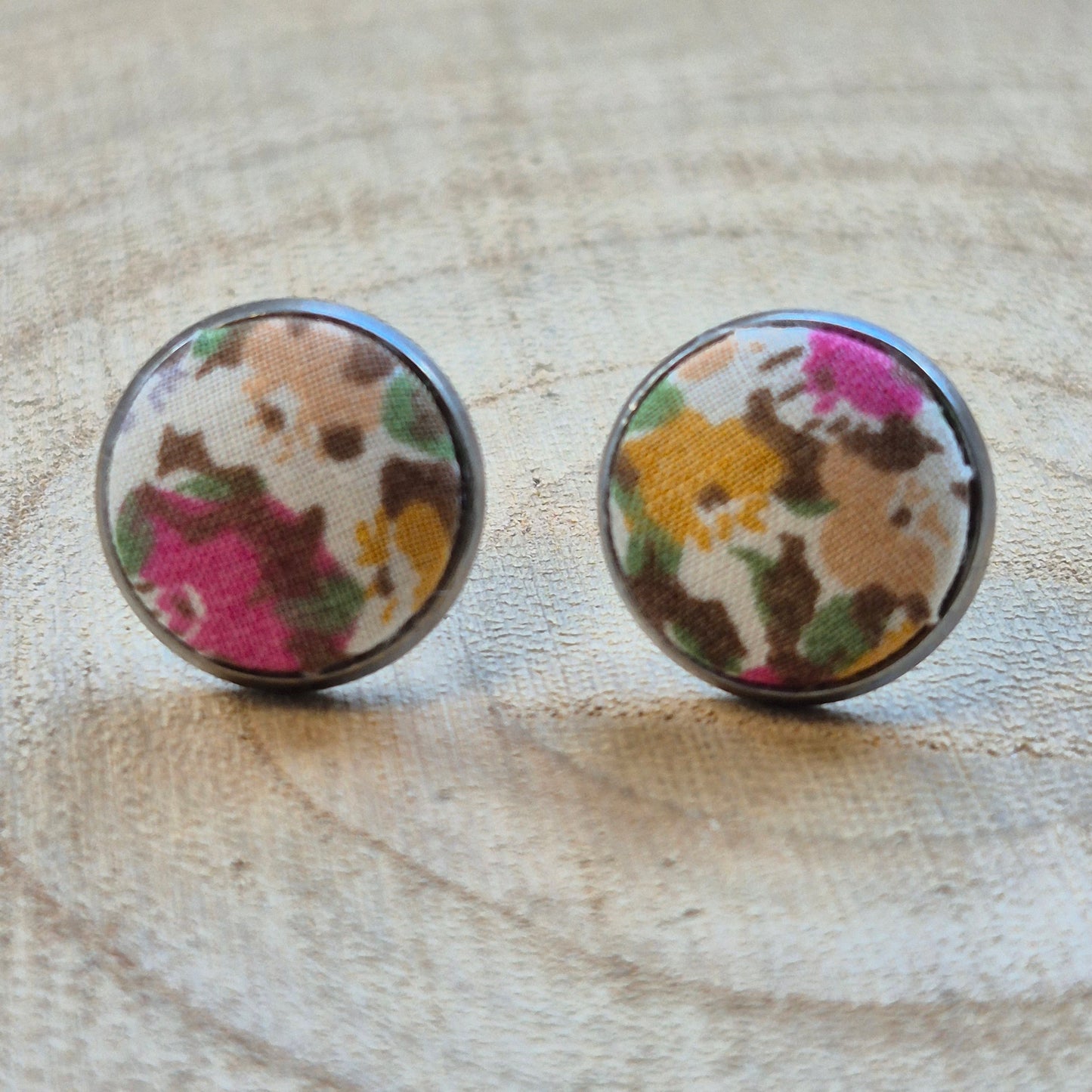 Vintage Liberty 12mm Stud Earrings - Yellow Pink Ditsy Floral