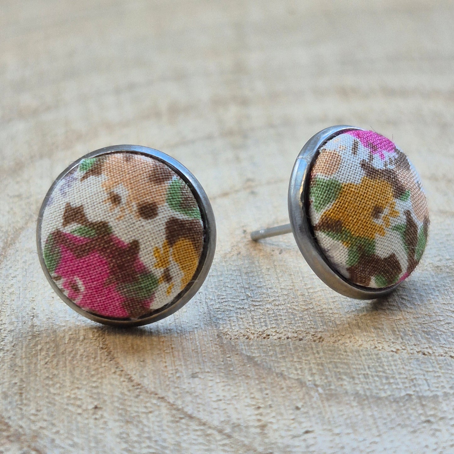 Vintage Liberty 12mm Stud Earrings - Yellow Pink Ditsy Floral