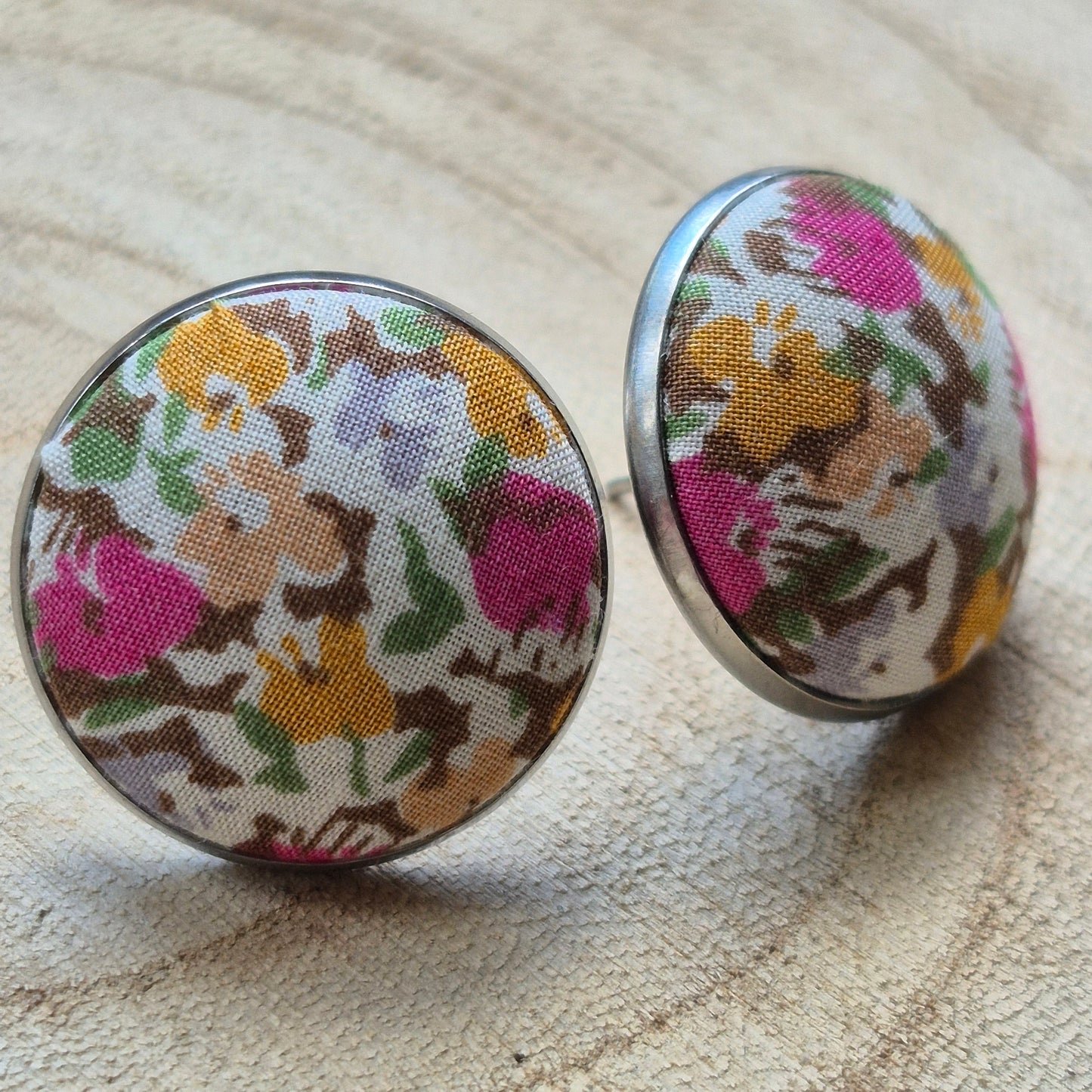 Vintage Liberty 20mm Stud Earrings - Yellow Pink Ditsy Floral