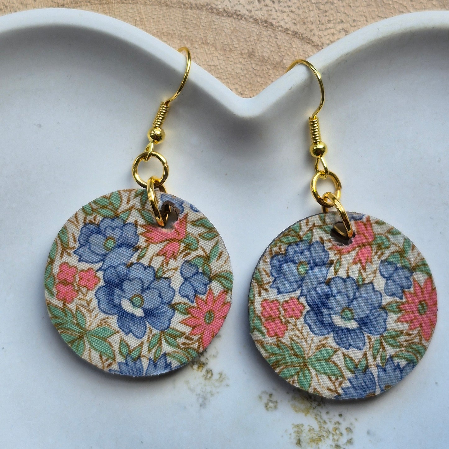 Vintage Liberty Circle Dangle Earrings - Peach and Blue Floral
