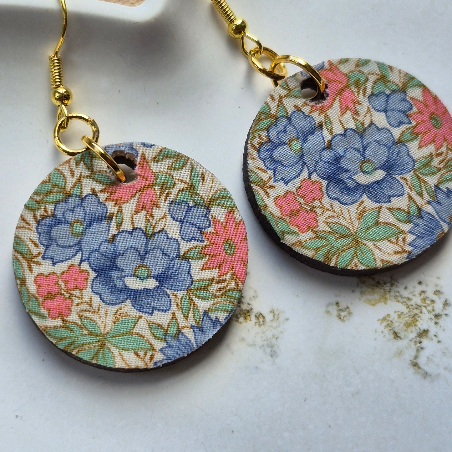 Vintage Liberty Circle Dangle Earrings - Peach and Blue Floral