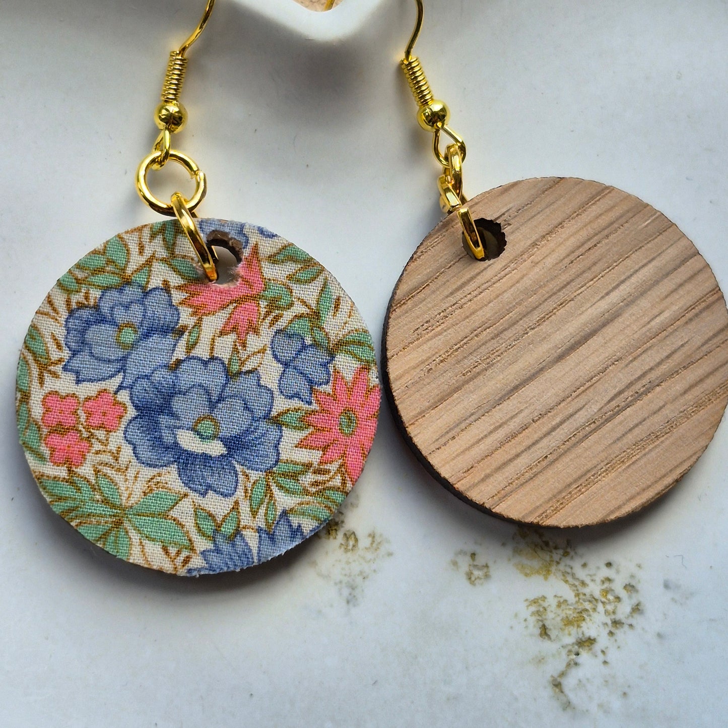 Vintage Liberty Circle Dangle Earrings - Peach and Blue Floral