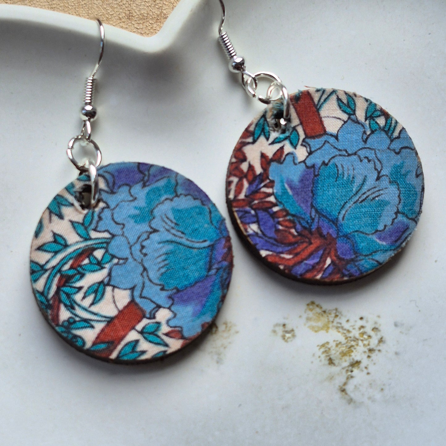 Vintage Liberty Circle Dangle Earrings - Teal Rust Floral