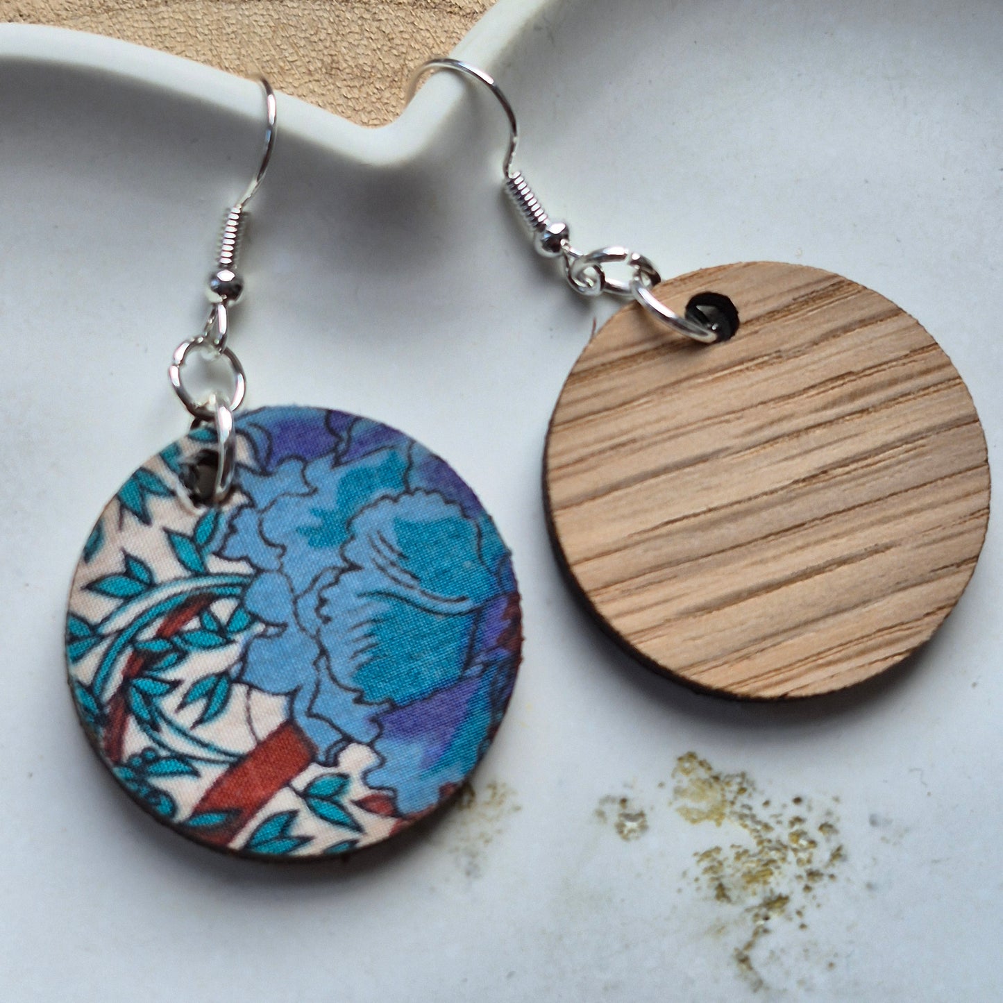 Vintage Liberty Circle Dangle Earrings - Teal Rust Floral