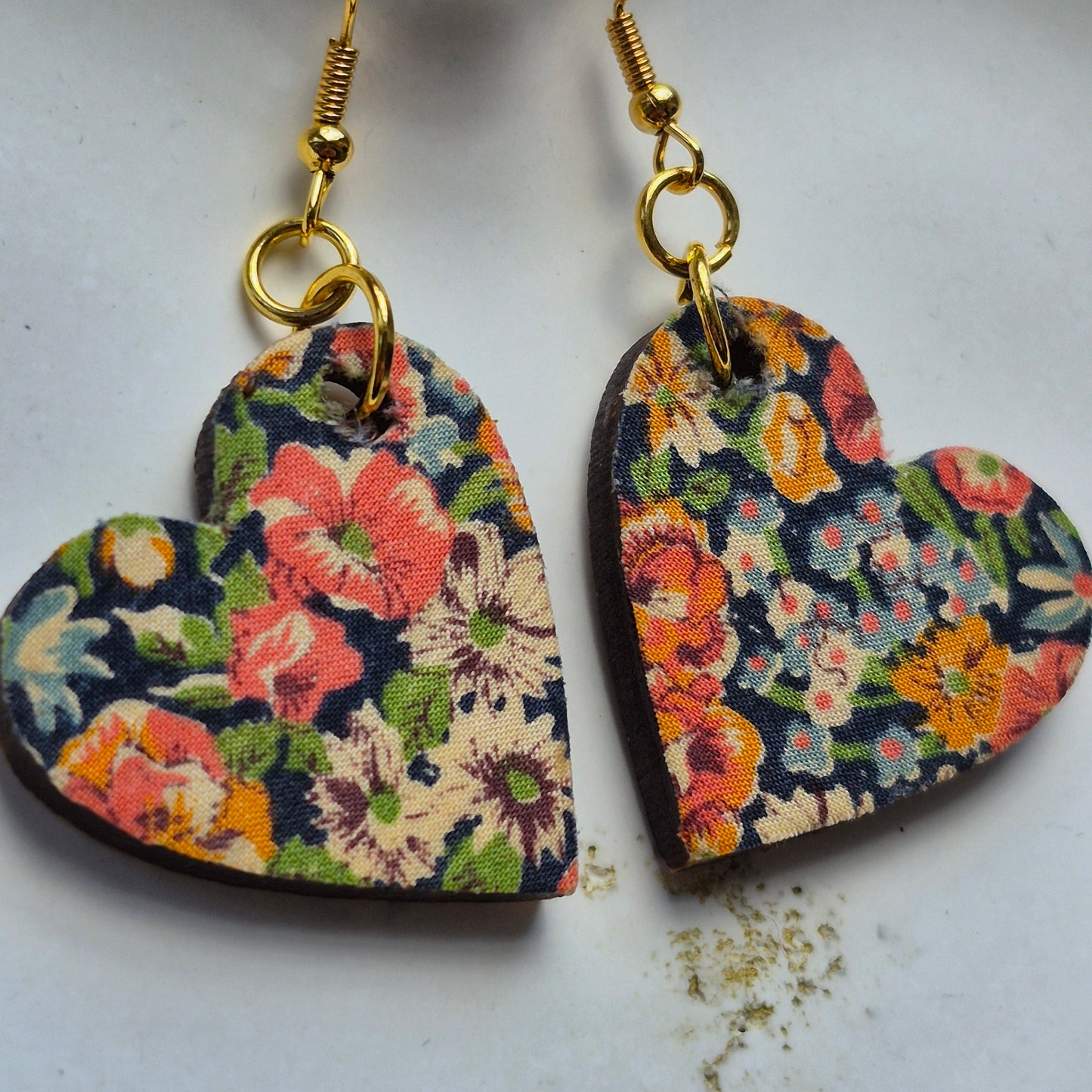Vintage Liberty Heart Dangle Earrings - Orange Floral