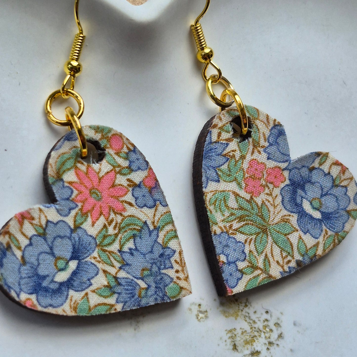 Vintage Liberty Heart Dangle Earrings - Peach and Blue Floral