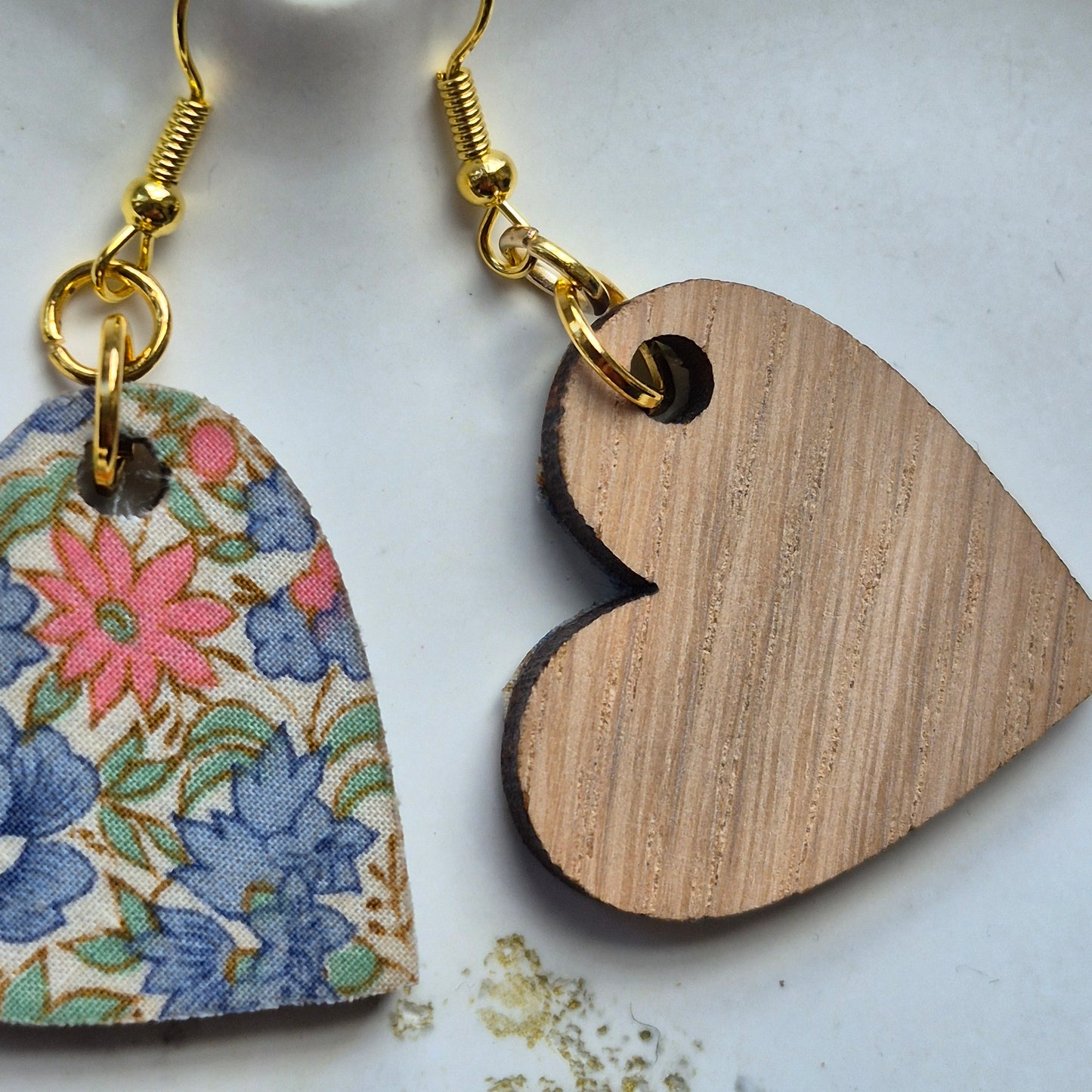Vintage Liberty Heart Dangle Earrings - Peach and Blue Floral
