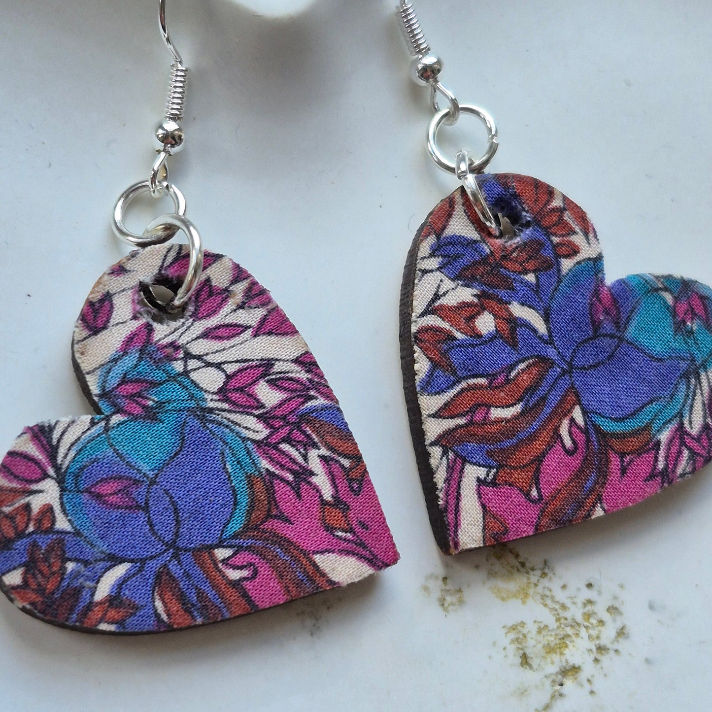 Vintage Liberty Heart Dangle Earrings - Teal Rust Floral