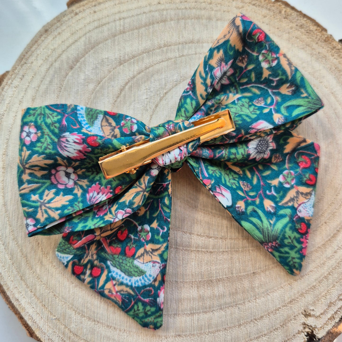 Vintage Liberty Print Mini Hair Bow Clip - Green Birds