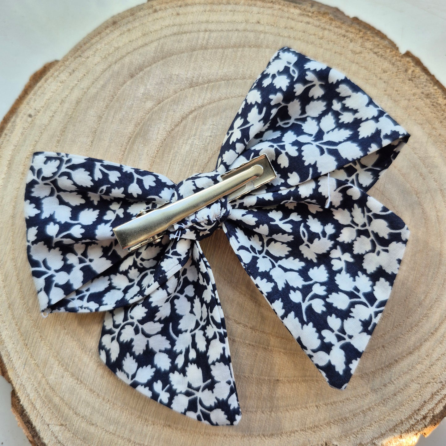Vintage Liberty Print Mini Hair Bow Clip - Navy and White Leafy Vine