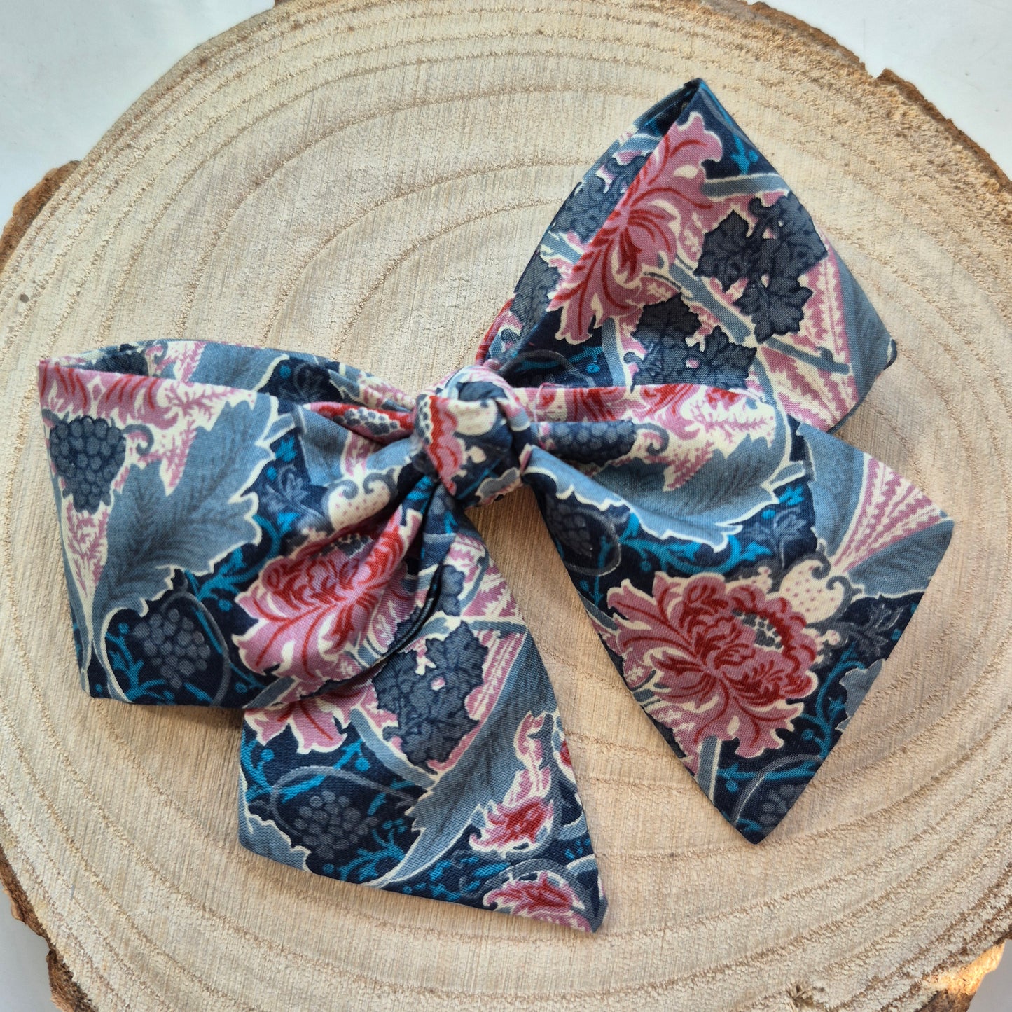 Vintage Liberty Print Mini Hair Bow Clip - Grey Pink Cabbage Rose