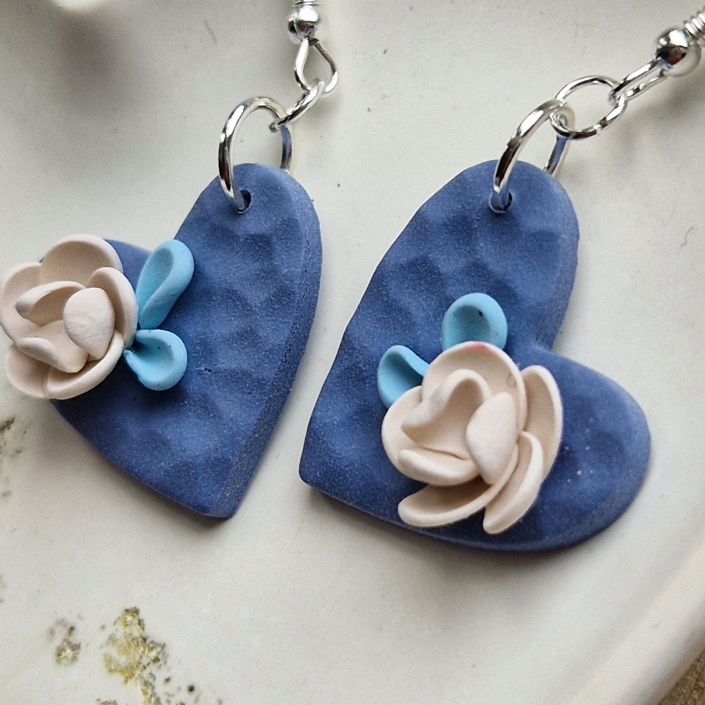 Clay Rose Heart Earrings - Valentina in Blue and Cream