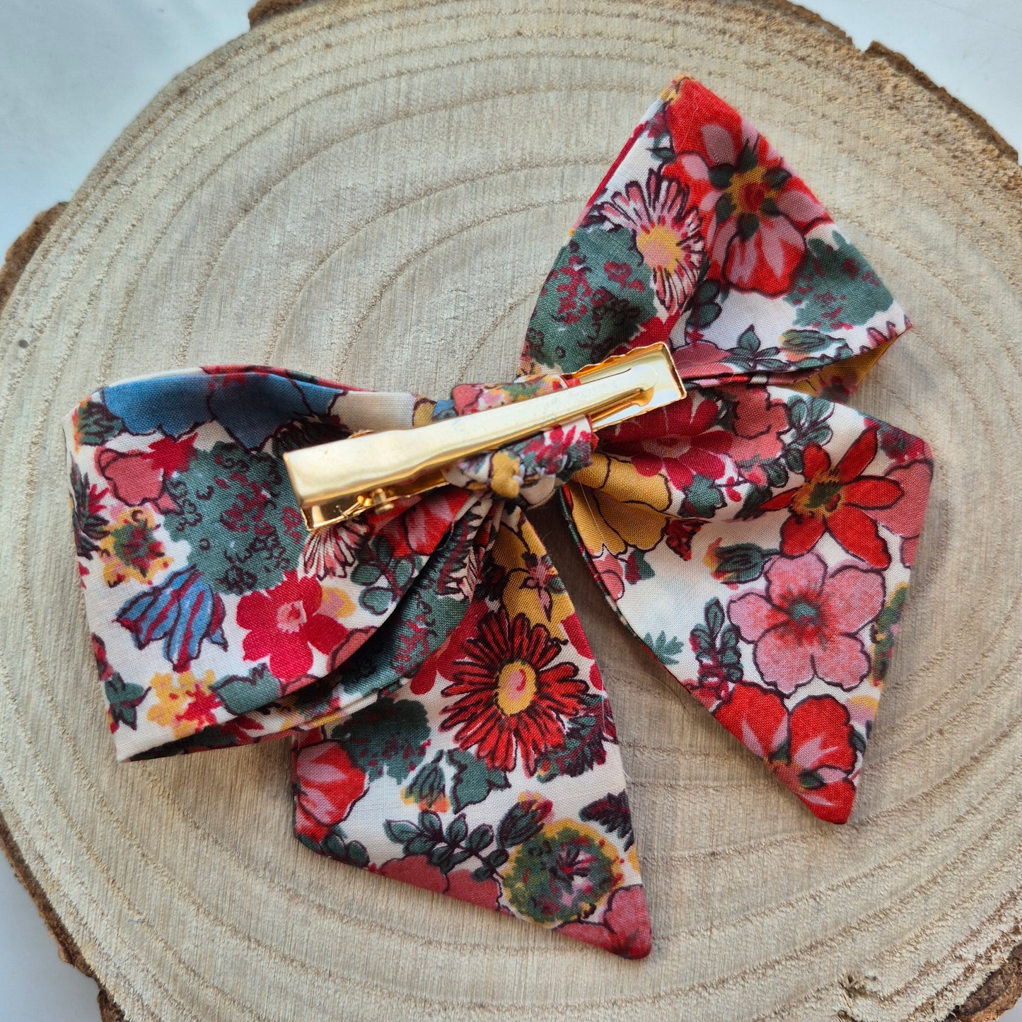 Vintage Liberty Print Mini Hair Bow Clip - Red Flowers