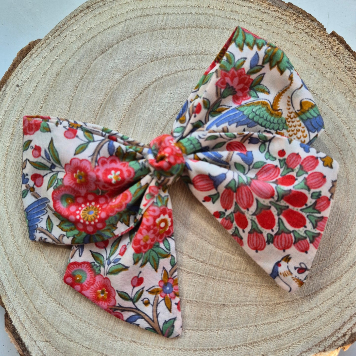 Vintage Liberty Print Mini Hair Bow Clip - Scarlet Birds and Berries