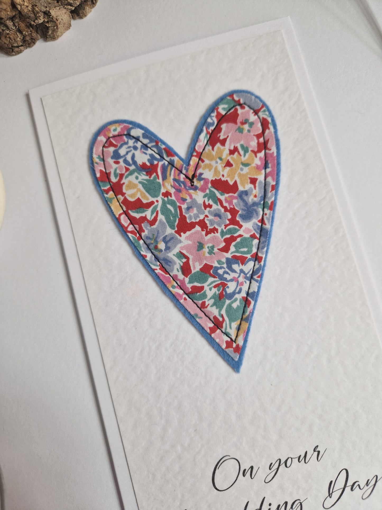 On your wedding day card with vintage Liberty heart decoration
