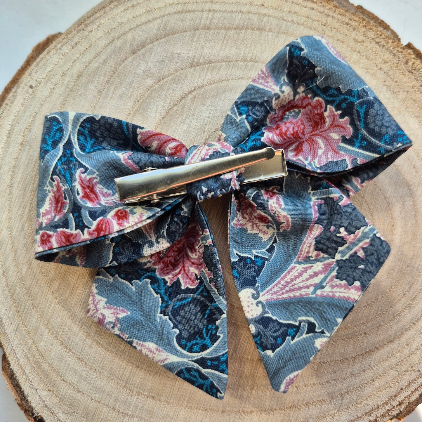 Vintage Liberty Print Mini Hair Bow Clip - Grey Pink Cabbage Rose