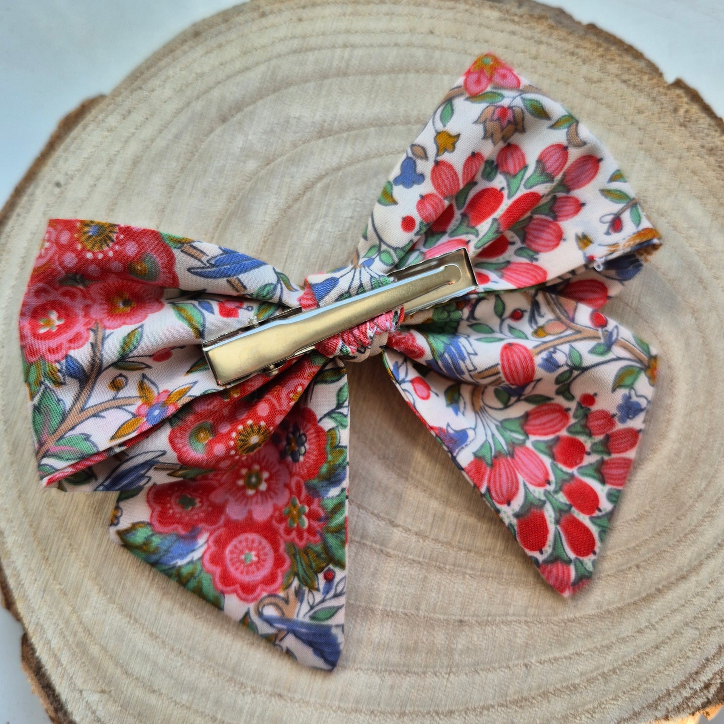 Vintage Liberty Print Mini Hair Bow Clip - Scarlet Birds and Berries