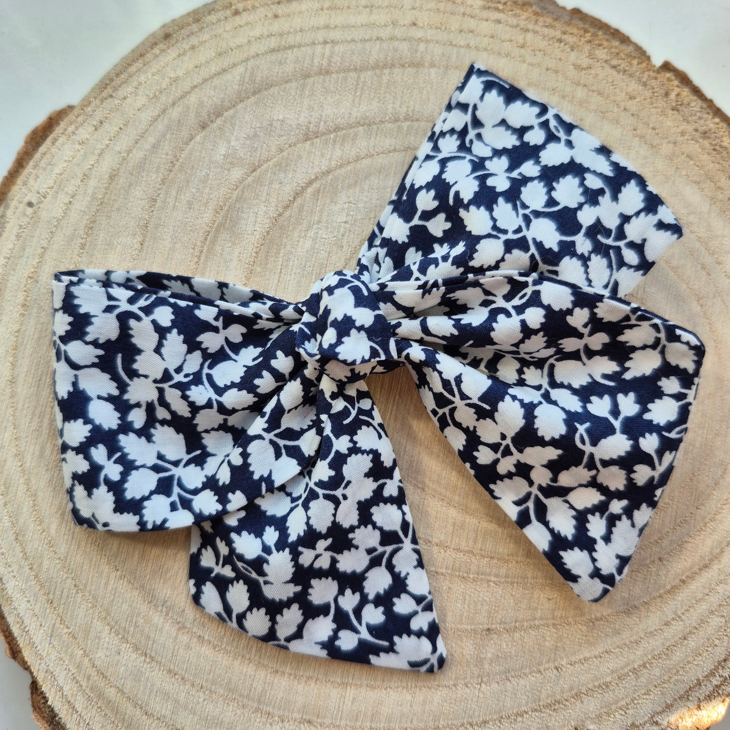 Vintage Liberty Print Mini Hair Bow Clip - Navy and White Leafy Vine