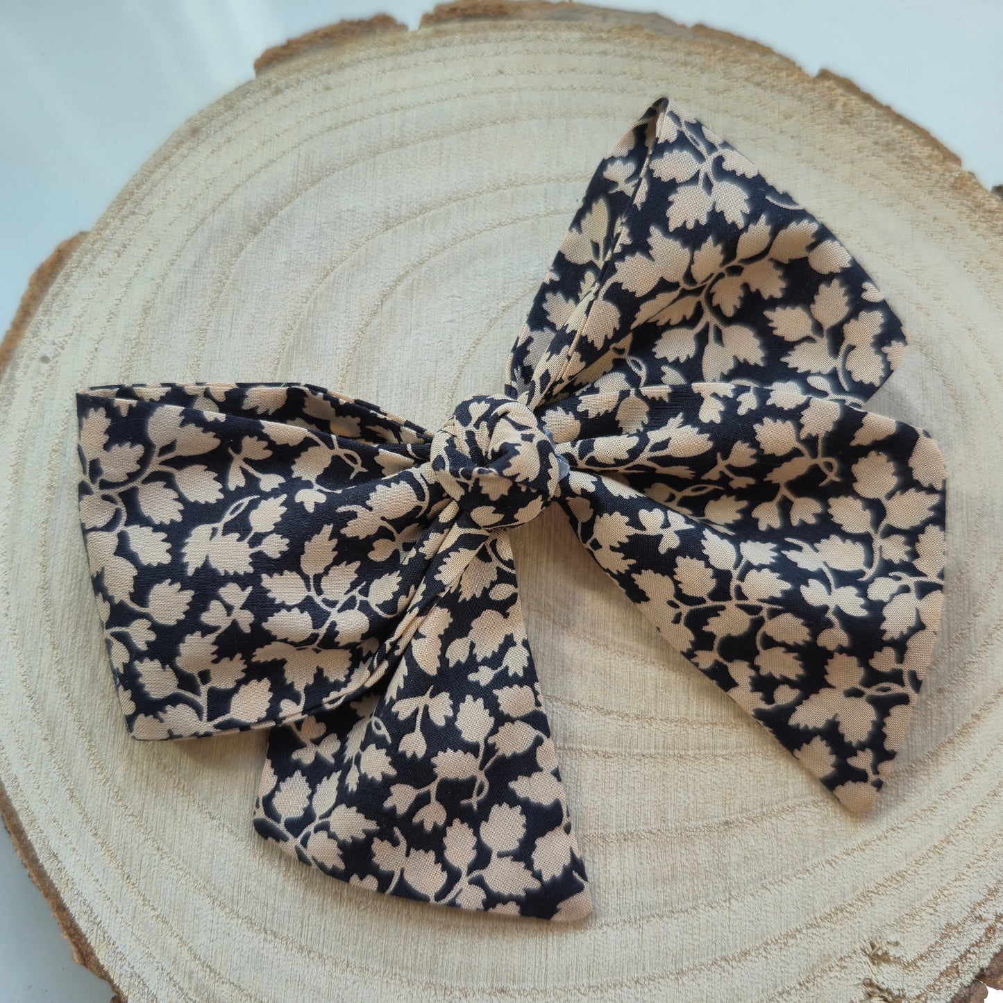 Vintage Liberty Print Mini Hair Bow Clip - Black and Beige Leafy Vine