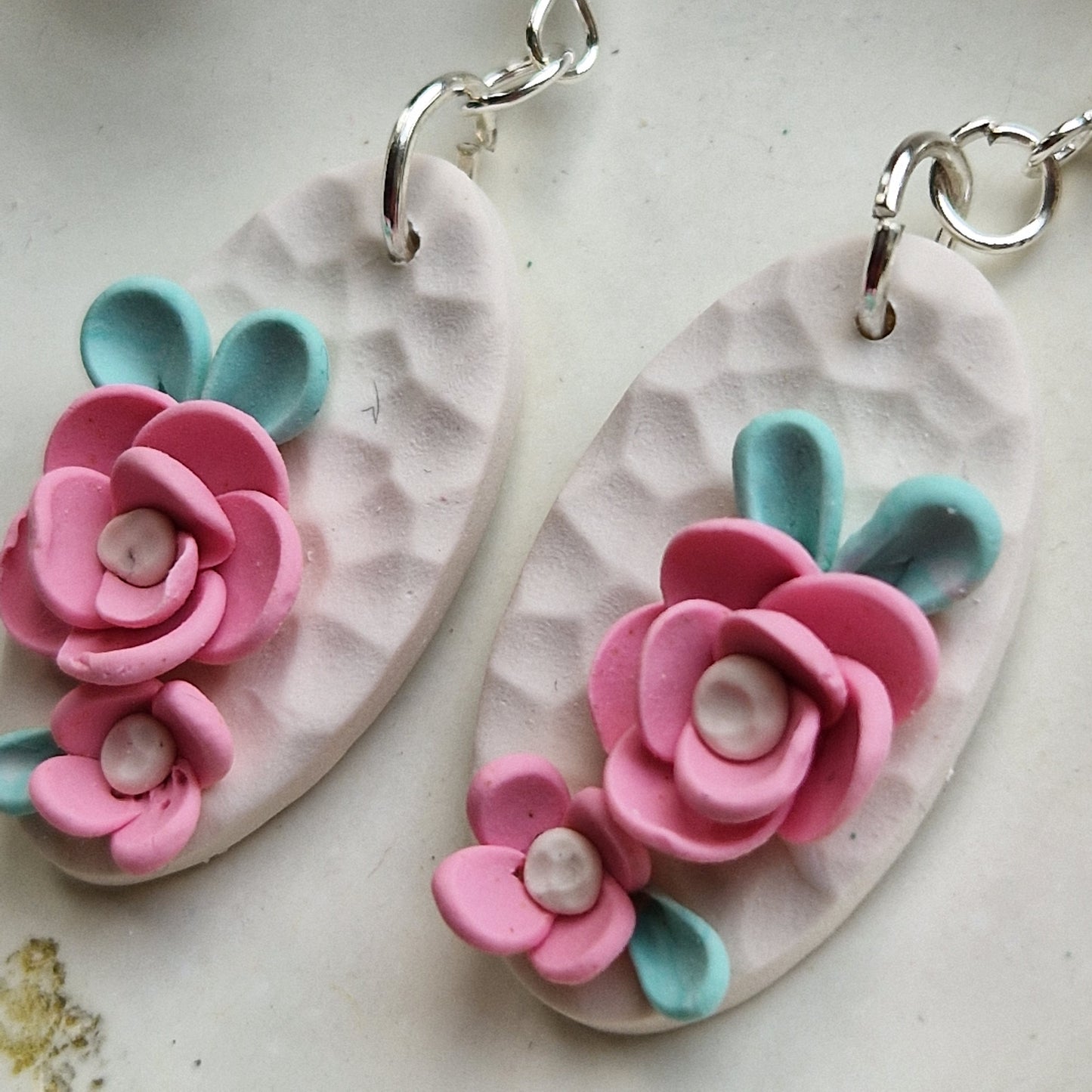 Clay Rose Earrings - Angelina in Pink and Mint