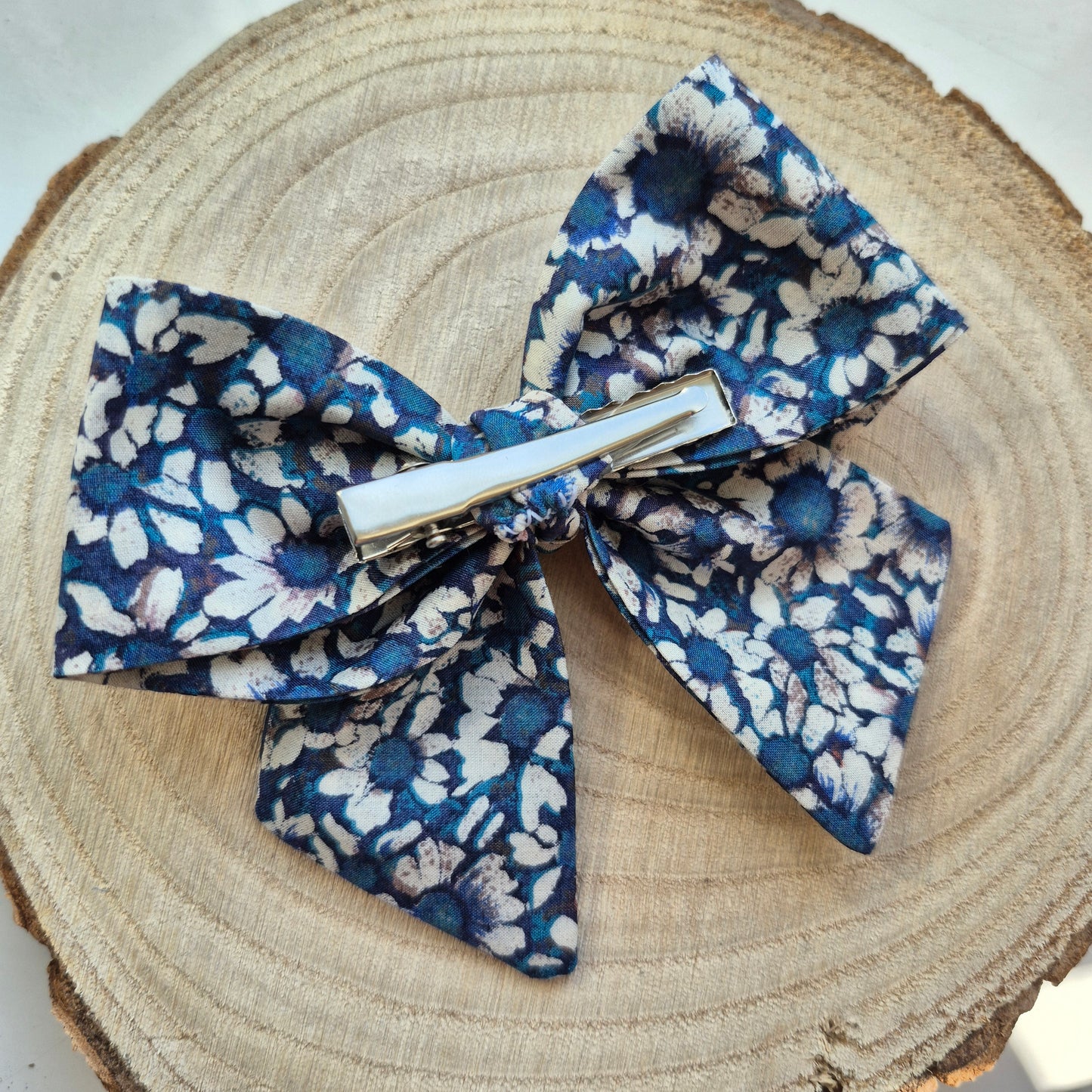 Vintage Liberty Print Mini Hair Bow Clip - Blue Daisy