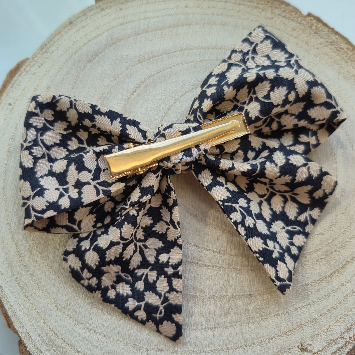 Vintage Liberty Print Mini Hair Bow Clip - Black and Beige Leafy Vine