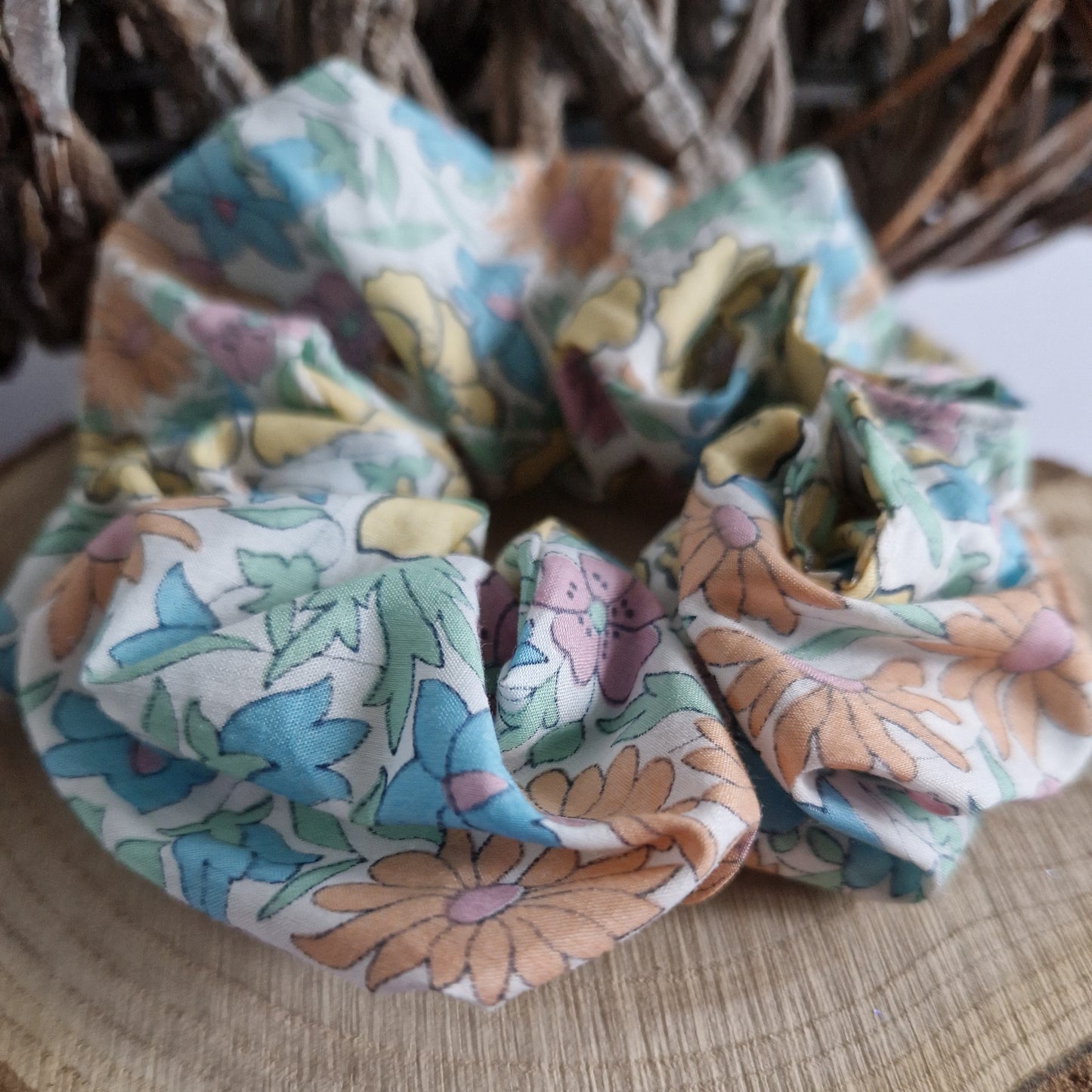 Vintage Liberty Print Hair Scrunchie - Lemon and Pink