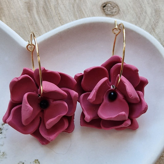 Clay Flower Earrings - Aurora in Deep Rose Pink